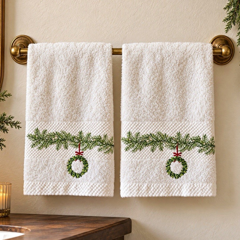 Vintage Arctic Holiday Christmas Tip Towels Set 2 Embroidered Wreath Rhinestone